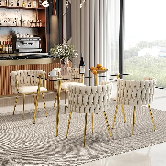 Glass Dining Table for 4 with 51 inch Clear Tempered Glass Top, 0.31" Modern Rectangular Glass Kitchen Table Furniture with 4 Golden Plating Metal Legs for Home Kitchen Room