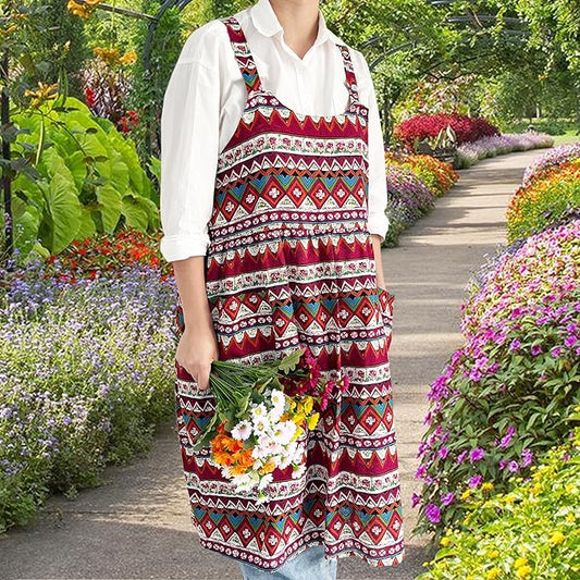 Cityelf Vintage Pinafore Apron Dress Snap Adjust Linen Cotton with Pockets Floral Aprons for Cooking Gardening