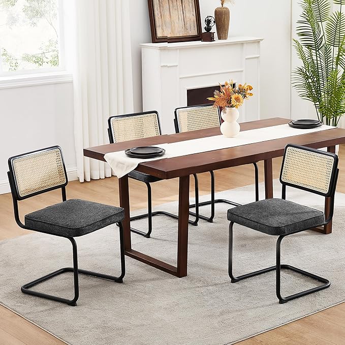 Zesthouse Rattan Dining Chairs Set of 2, Mid Century Modern Dining Room Chairs with Natural Cane Mesh & Black Metal Base, Ceaca Kitchen Chair with Upholstered Linen Fabric Cushion, Dark Grey