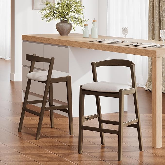 Set of 2 Bar Stools, Solid Rubber Wood Frame with Beige Polyester Cushion, Ergonomic Backrest & Smooth Lines, Modern Kitchen Island Chairs for Dining Room (Dark Brown)