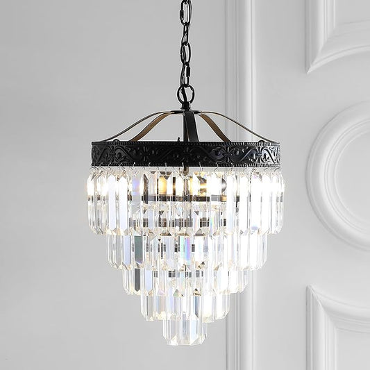 JONATHAN Y 12" Bronze/Clear 2-Light LED Chandelier, Modern Tiered Pendant Light Fixture for Dining Room, Bedroom, Entryway with Clear Faceted Crystal Shade (JYL9006B)