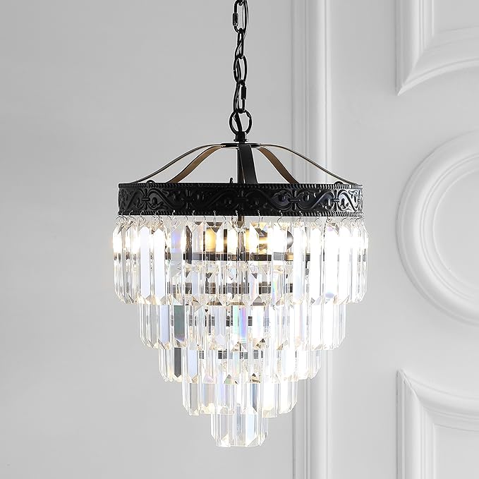 JONATHAN Y 12" Bronze/Clear 2-Light LED Chandelier, Modern Tiered Pendant Light Fixture for Dining Room, Bedroom, Entryway with Clear Faceted Crystal Shade (JYL9006B)