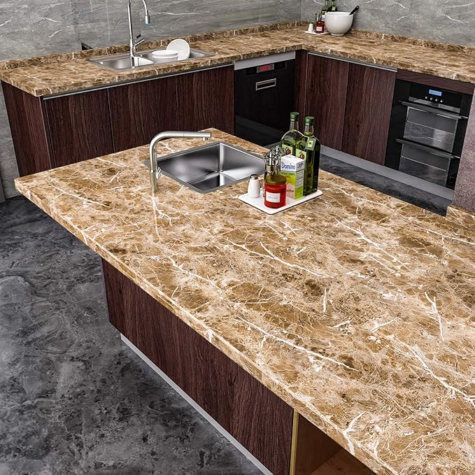 VEELIKE Faux Marble Counter Top Covers Peel and Stick Wallpaper Granite Contact Paper Decorative Kitchen Wall Paper Brown Waterproof Self Adhesive Removable Wallpaper for Cabinet Locker 15.7inx354in