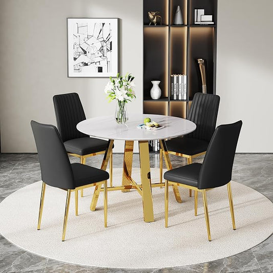 Round Dining Table Set for 4, Round Dining Room Table Set for 4 with Chrome Leg and 4 Chair Dining Table Set, Small Kitchen Island with Seating for Small Spaces(BKG)