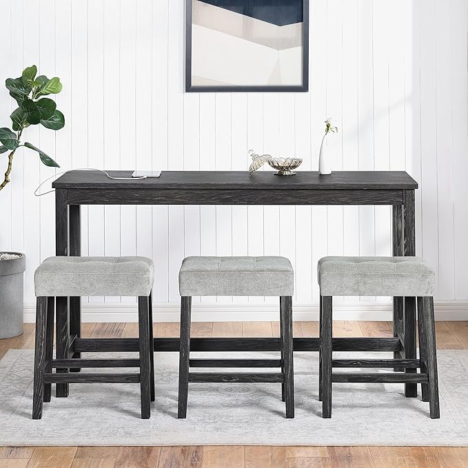 4-Piece Farmhouse Kitchen Table Stool Set with Power Outlets, Industrial Dining Tables with 3 Upholstered Stools, Wooden Counter Table Chairs w/Charging Station&2 USB Ports, Black+Grey