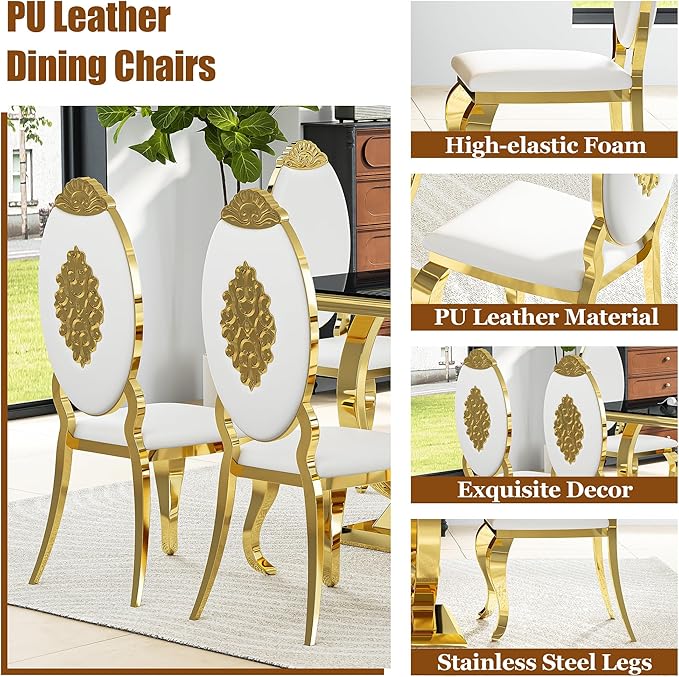 7-Piece Modern Dining Table Set, 70" Black Tempered Glass Kitchen Table with Gold Polished Stainless Steel U-Shaped Pedestal Base and 6 White PU Leather Chairs with Mirrored Legs, for Dining Room
