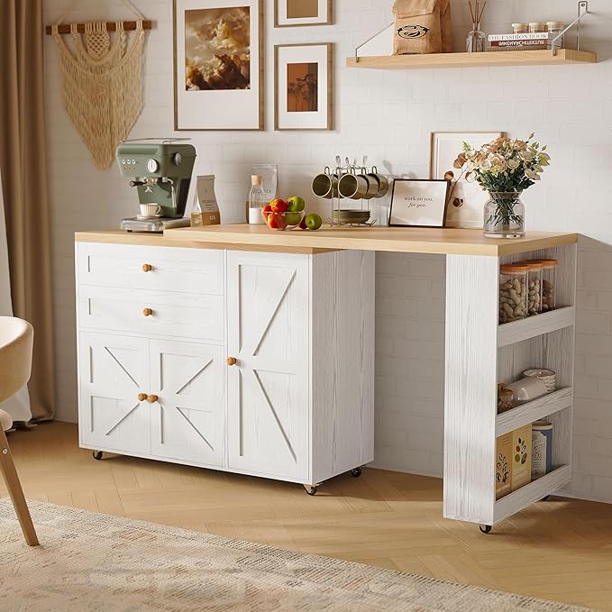 IRONCK Kitchen Island with 360° Swivel Table, 71 inch Rolling Kitchen Island Cart with Storage, Home Bar Table with Spice Rack and Drawers, Mobile Wood Kitchen Island on Wheels, White