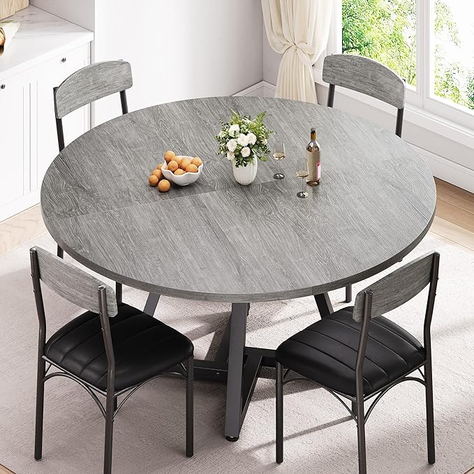 Jocoevol 51“ Round Kitchen Dining Room Table for 6-8, Circle Dining Dinner Table with Pedestal Metal Frame, Space Saving Wood Industrial Furniture for Small Space (Grey, 51In)