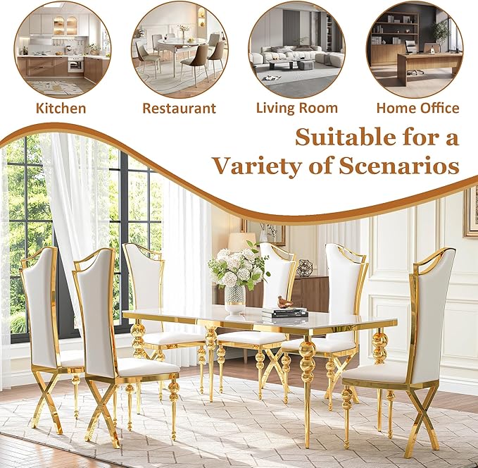 Glass Dining Table Set for 6, Luxurious 70 Inch Rectangular Kitchen Table with White Tempered Glass Top, 6 White PU Leather Cushion Chairs for Dining Room, Restaurant, Living Room