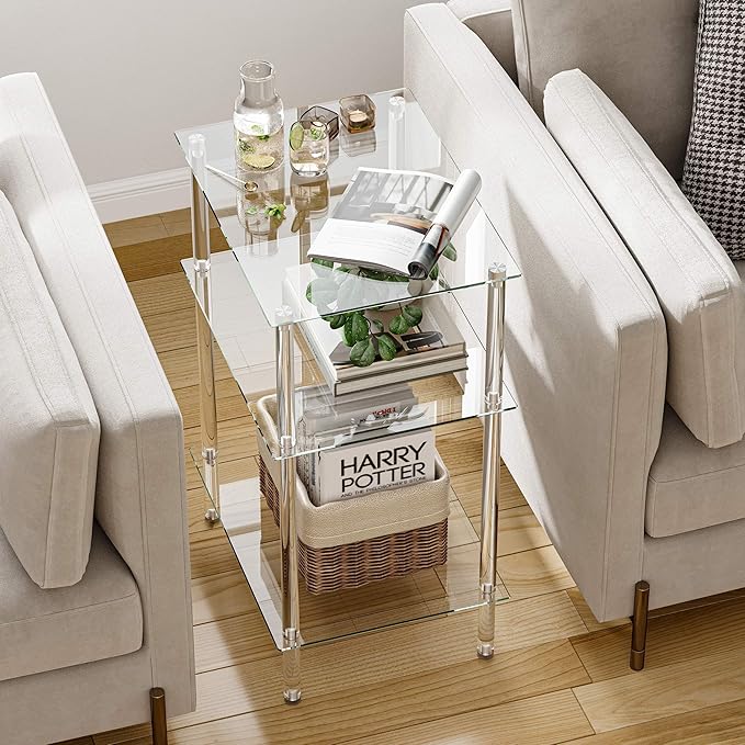 Tempered Glass Side Table, Acrylic End Table, 3-Tier Transparent Nightstand, Clear Coffee Table, for Small Spaces Living Room Bedroom Balcony Transparent LET519TR