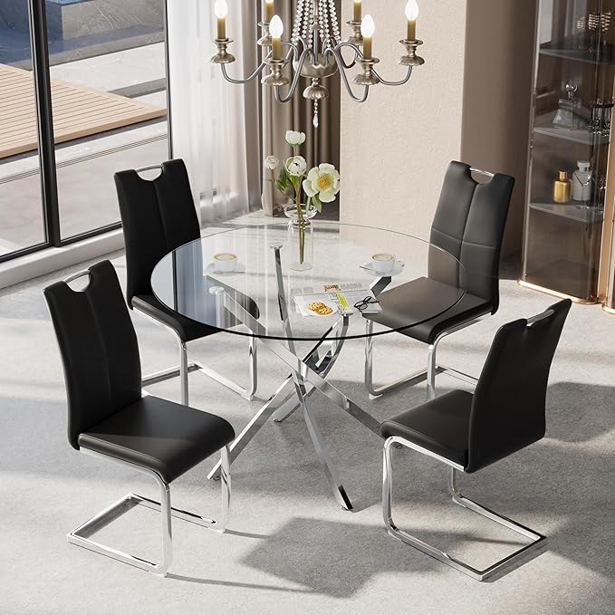 36-Inch Round Tempered Glass Dining Table for 2-4 Person Space-Saving Small Kitchen Table with Heavy-Duty Metal Legs Perfect for Dining Room, Apartment, Condo (Silver)