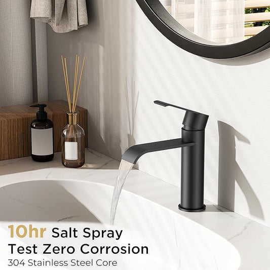 FORIOUS Black Bathroom Faucet 1 Hole, Single Handle Matte Black Waterfall Bathroom Faucet Single Hole for Rv, Lavatory, Restroom Tap with 3 Hole Adapter Deck Plate, Pop Up Drain and 24" Supply Hose