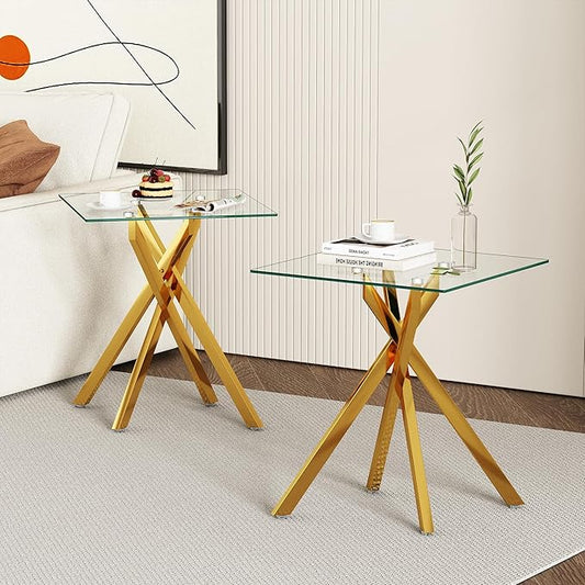 Square Side Table with X-Shaped Chrome Metal Base, Tempered Glass End Tables Small End Table, Living Room Sofa Couch Side Table, Modern Bedsde Tables Bedroom Night Stand, Luxury Gold Nightstand