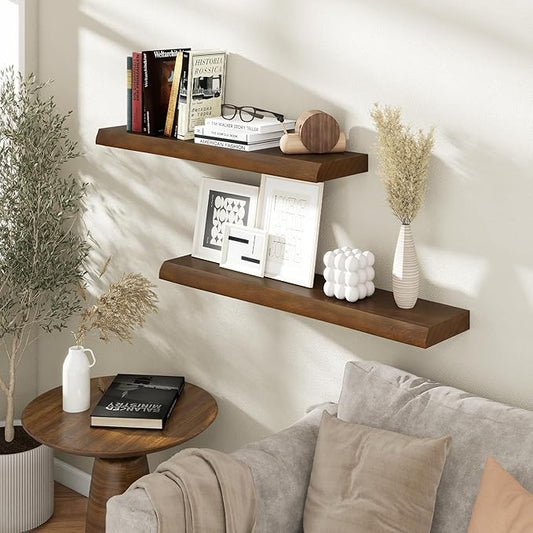 RICHFOCUS Live Edge Wood Floating Shelves for Wall 36" Natural Solid Wood Wall Mounted Shelf|8 Inch Deep Wooden Floating Shelves with Invisible Bracket for Bathroom Kitchen Room|2Pcs, Walnut