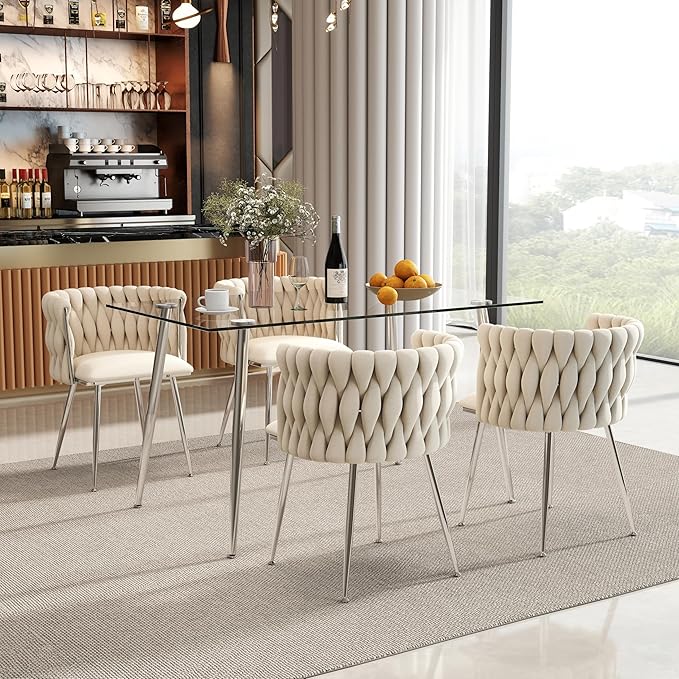 Glass Dining Table for 4 with 51 inch Clear Rectangular Glass Top, 0.31" Modern Tempered Glass Kitchen Table Furniture with 4 Silver Plating Metal Legs for Home Dining Room
