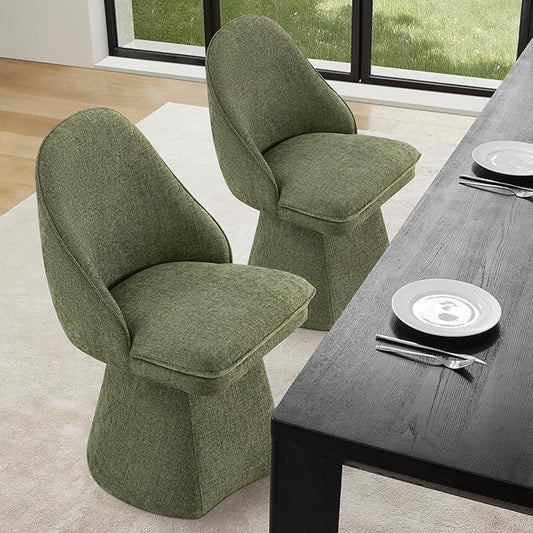 KISLOT Swivel Dining Chairs Set of 1, Upholstered Mid Century Modern Deskchair with Round Back, Linen Fabric Kitchen Chairs for Dining Room, Bedroom, Dressing Room, Green