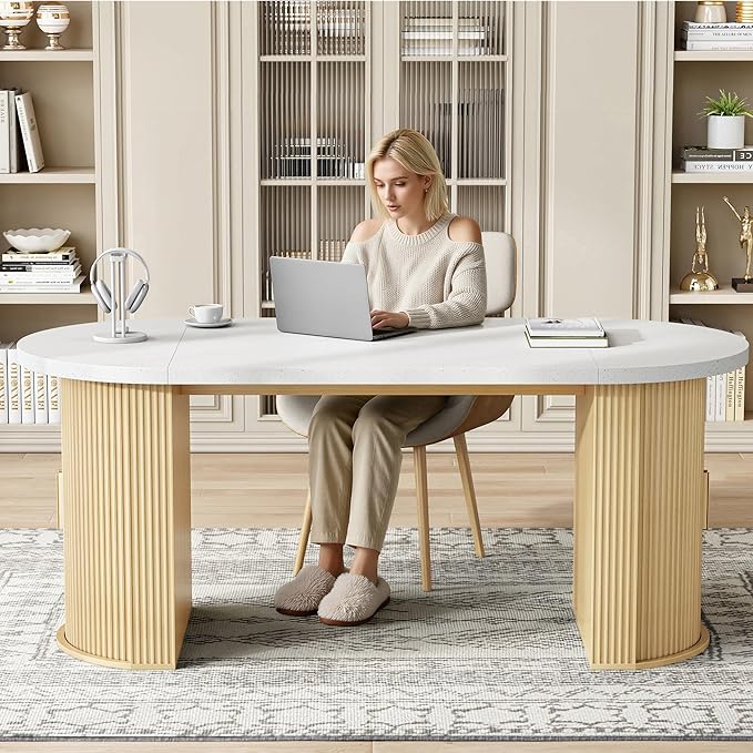 IRONCK 71" Oval Dining Table for 4-6 with Hidden Storage, Modern Farmhouse Kitchen Table with Fluted Semi-Cylindrical Legs, Faux Quartz Top for Dining Room, Kitchen, Living Room & Home Office (Oak)