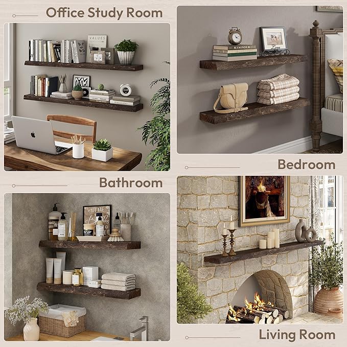 Marsmiles 24 inch Floating Shelves for Wall Elm Wood Live Edge Shelves|Rustic Wall Shelves with Invisible Heavy-Duty Bracket for Bathroom Living Room Kitchen|Walnut, 2 Pack
