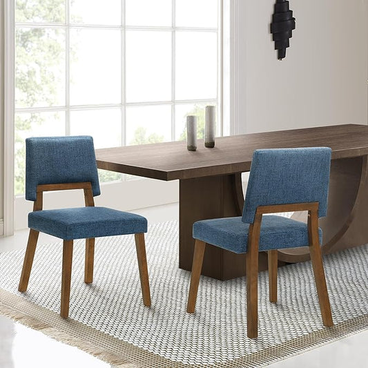 Armen Living Channell Wood Dining Chair in Walnut Finish with Blue Fabric - Set of 2