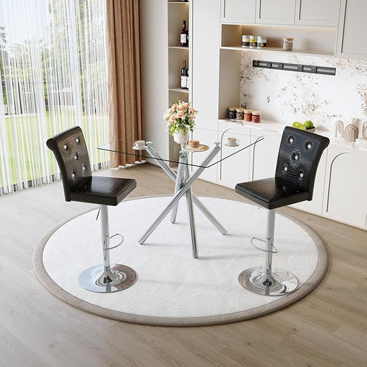 Glass Bar Table Set for 2, Transparent Table with 2 Adjustable Leather Chairs, 3 Piece Counter Height Pub Table Set for Kitchen Island, Home Bar, Small Space, Black,Silver