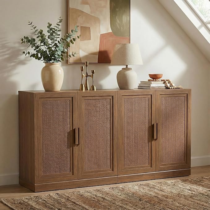 Casaphoria Adam Sideboard Buffet Cabinet with Storage, Sideboard Cabinet with Rattan Doors & Adjustable Shelves, 62" W x 31" H Coffee Bar for Entryway Kitchen Living Room, Walnut
