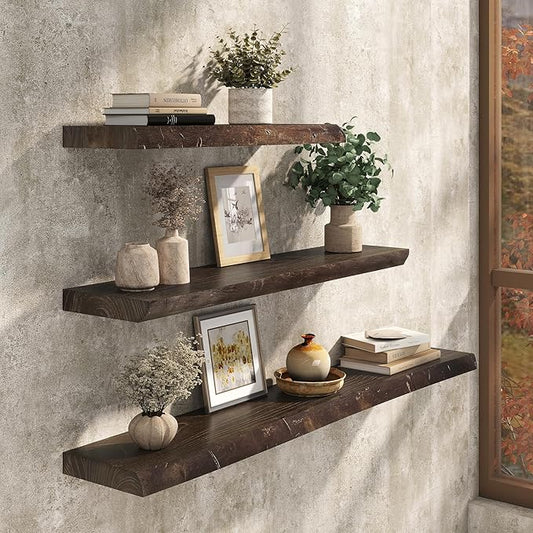 48" Rustic Elm Floating Shelves - Solid Wood Live Edge with Invisible Brackets, Wall Mounted Shelf for Living Room, Kitchen & Bathroom Decor, Brown