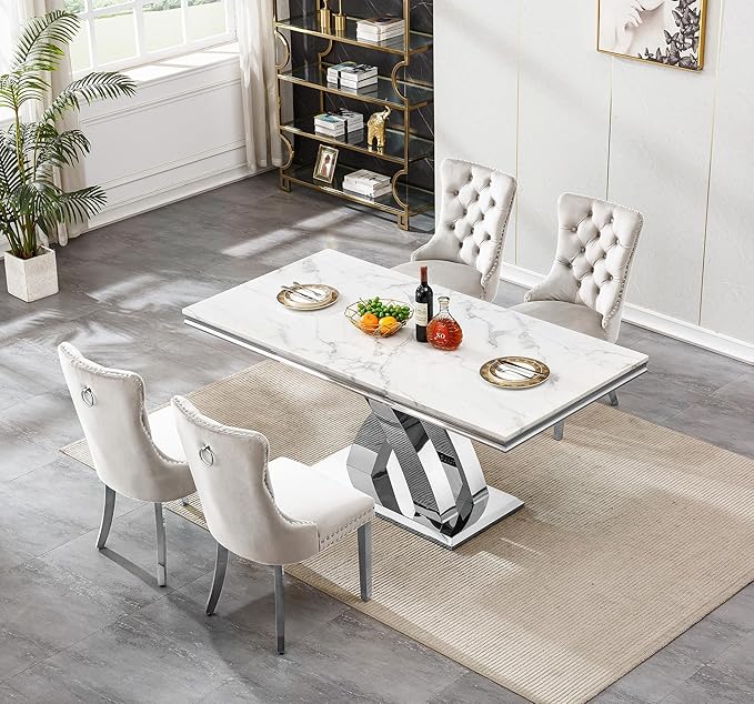 68" Faux Marble White Dining Table for 6-8, Modern Dining Room Table with 0.71" Marble Printing MDF Top and X-Shaped Silver Stainless Steel Base, Rectangle Kitchen Dinner Table