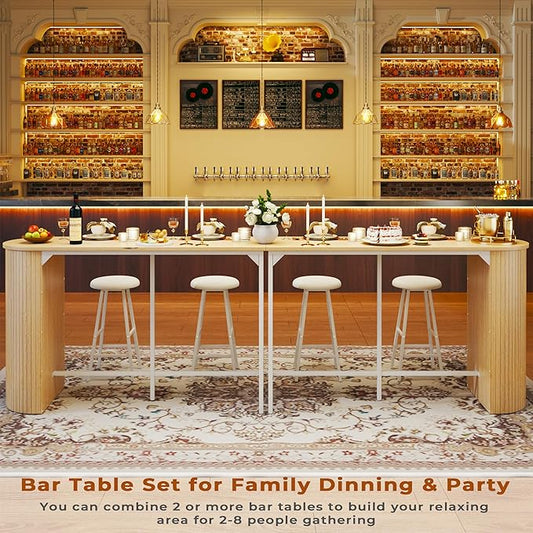 Fluted Bar Table and Chairs Set, 55'' Long Bar Tables with 2 Stools, 3 Piece Counter Height Dining Table for 2, Space Saving Kitchen Table for Bar, Dining Room, Kitchen, Breakfast Nook Corner, Natural