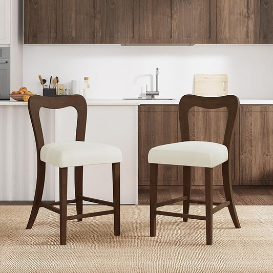 Counter Stools Without Arms Set of 2 (Walnut + Beige) - Solid Rubberwood Frame & Fabric Seat, Ergonomic Curved Back, 300LBS Capacity for Kitchen Island, Dining Room, Home Bar