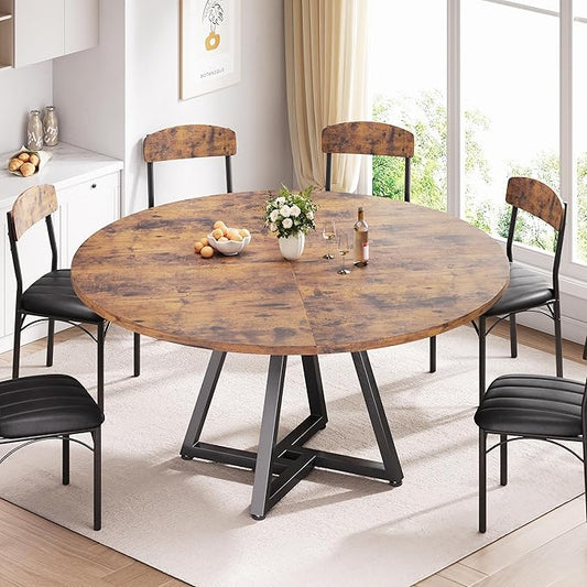 Jocoevol 51“ Round Kitchen Dining Room Table for 6-8, Circle Dining Dinner Table with Pedestal Metal Frame, Space Saving Wood Industrial Furniture for Small Space (Rustic Brown, 51In)