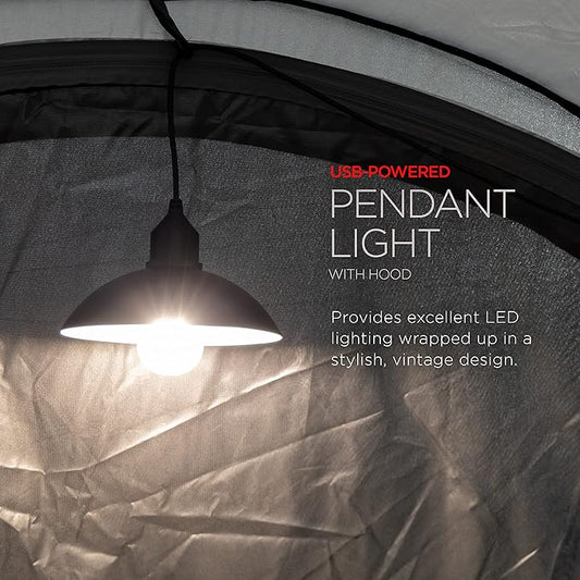 UltraPro USB LED Pendant Light with Hooded Shade, Lightweight, Hanging Light Fixture, Vintage Farmhouse Style, Camping, Garage, Shed, Storm Shelter and More, 61748