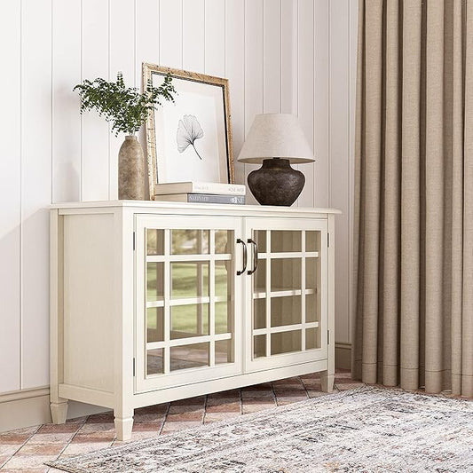 SIMPLIHOME Connaught Solid Wood 46 Inch Wide Traditional Low Storage Cabinet in Antique White, for the Living Room, Entryway and Family Room