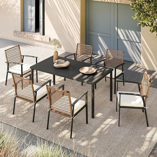 LAUSAINT HOME 7 Pieces Patio Dining Set, Outdoor Furniture Set of 6 Chairs with Soft Cushion and Iron Slats Table Top with Umbrella Hole, Conversation Set for Backyard, Garden and Poolside