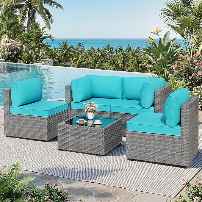 JAMFLY 5-Piece All-Season Wicker Patio Sofa Set with Thick Cushions & Coffee Table, Modular Indoor Outdoor Furniture for Poolside, Garden, Sunroom & Porch, Blue