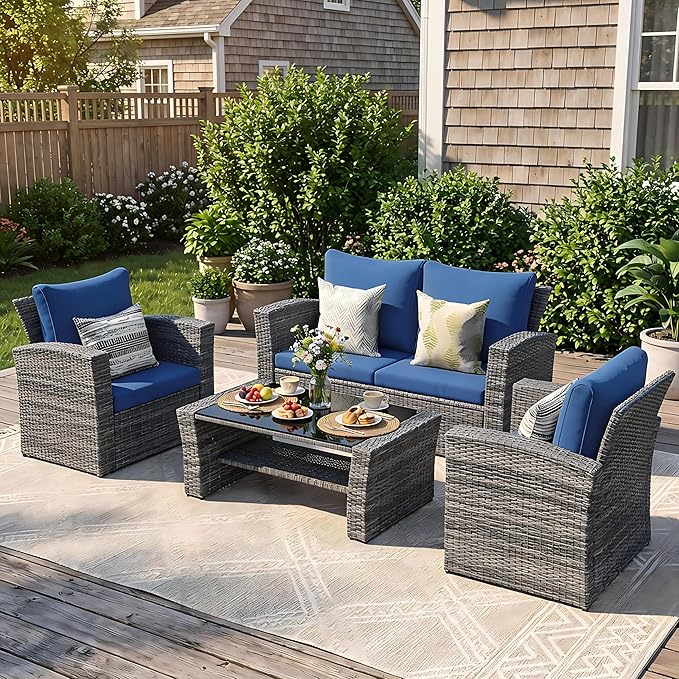 Wisteria Lane Patio Furniture Set, Wicker Outside Outdoor Furniture for All Weather, Patio Sofa with High Backrest Support and Wide Armrest for Backyard, Balcony, Deck, Porch, Dark Blue