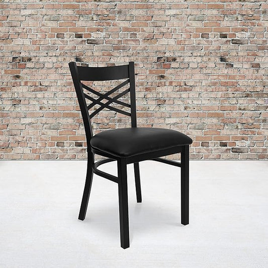 Flash Furniture 4 Pack HERCULES Series Black ''X'' Back Metal Restaurant Chair - Black Vinyl Seat