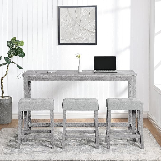 4-Piece Farmhouse Kitchen Table Stool Set with Power Outlets, Industrial Dining Tables with 3 Upholstered Stools, Wooden Counter Table Chairs w/Charging Station&2 USB Ports, Gray+Gray