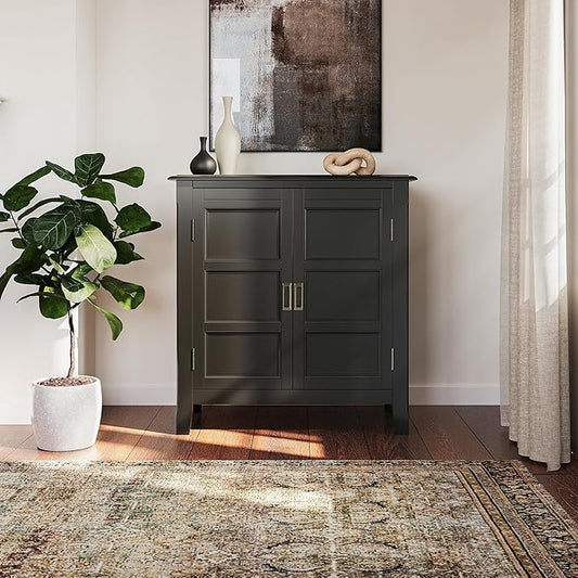 SIMPLIHOME Burlington Storage Cabinet - 30 inch Wide Solid Wood 2 Door Low Storage Unit in Black, Transitional Accent Cabinet for Living Room or Entryway with Adjustable Shelves