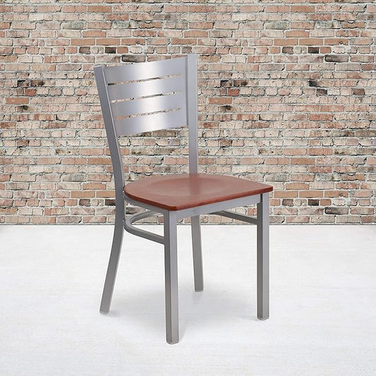 Flash Furniture 2 Pk. HERCULES Series Silver Slat Back Metal Restaurant Chair - Cherry Wood Seat
