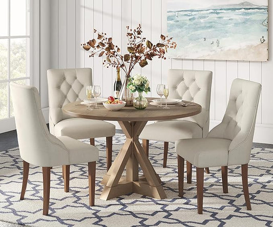 Finch Alfred Solid Wood Round Dining Table for 4, Farmhouse Kitchen and Dining Room Table with Rustic Pedestal Trestle Base, 46.5 Inch, Distressed Beige