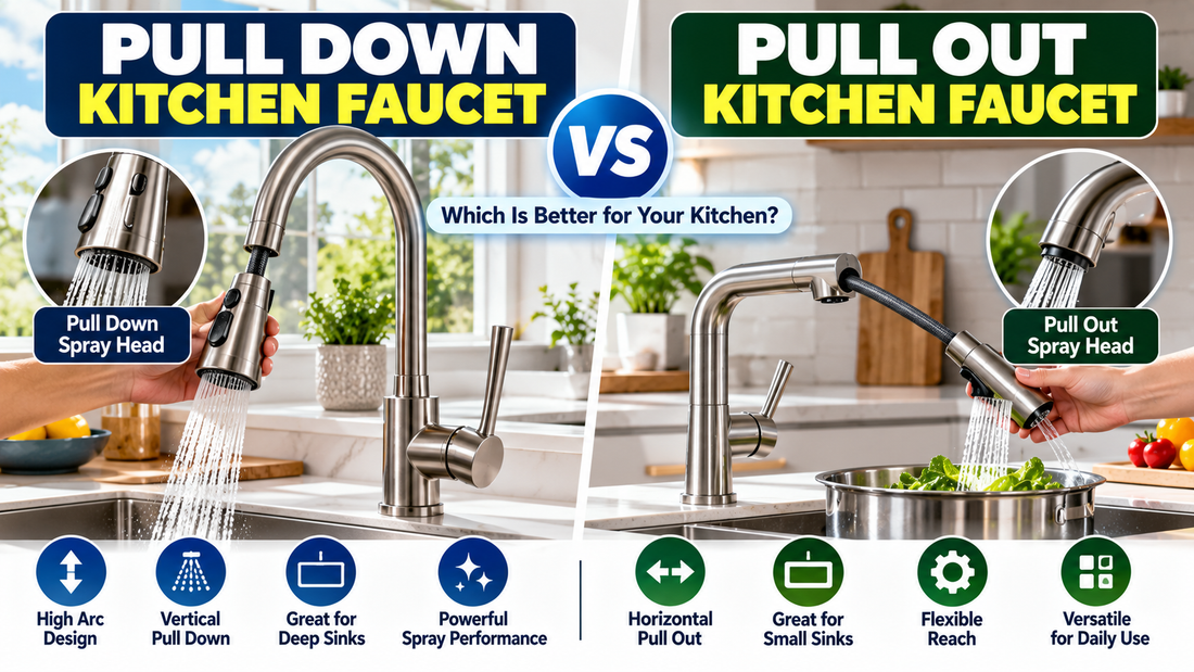 Pull down vs pull out kitchen faucet comparison featuring modern stainless steel kitchen faucets with retractable spray heads installed over kitchen sinks