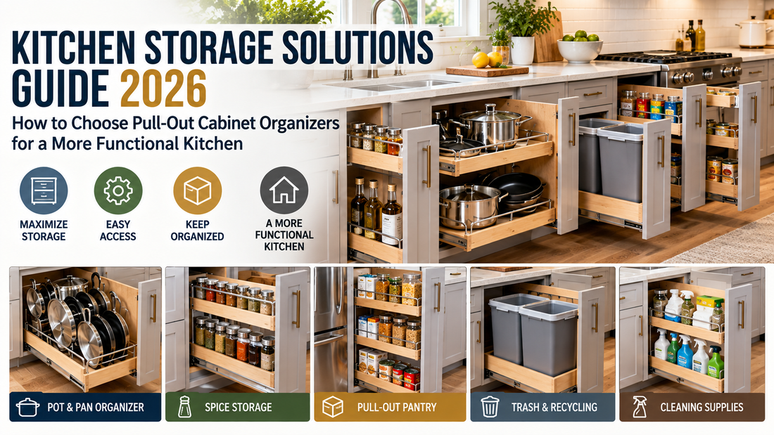 Modern kitchen with pull out cabinet organizers featuring sliding shelves, organized cookware, pantry storage, and space-saving kitchen storage solutions