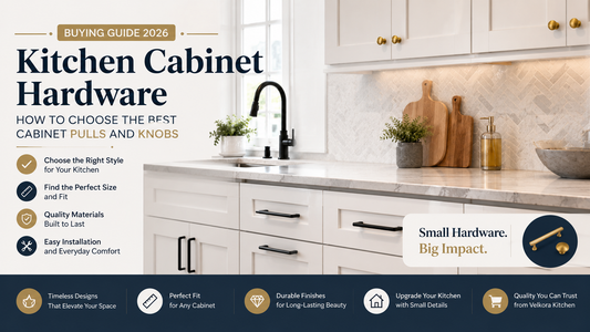 Modern kitchen featuring matte black cabinet pulls and brushed brass cabinet knobs on white shaker cabinets with a contemporary design