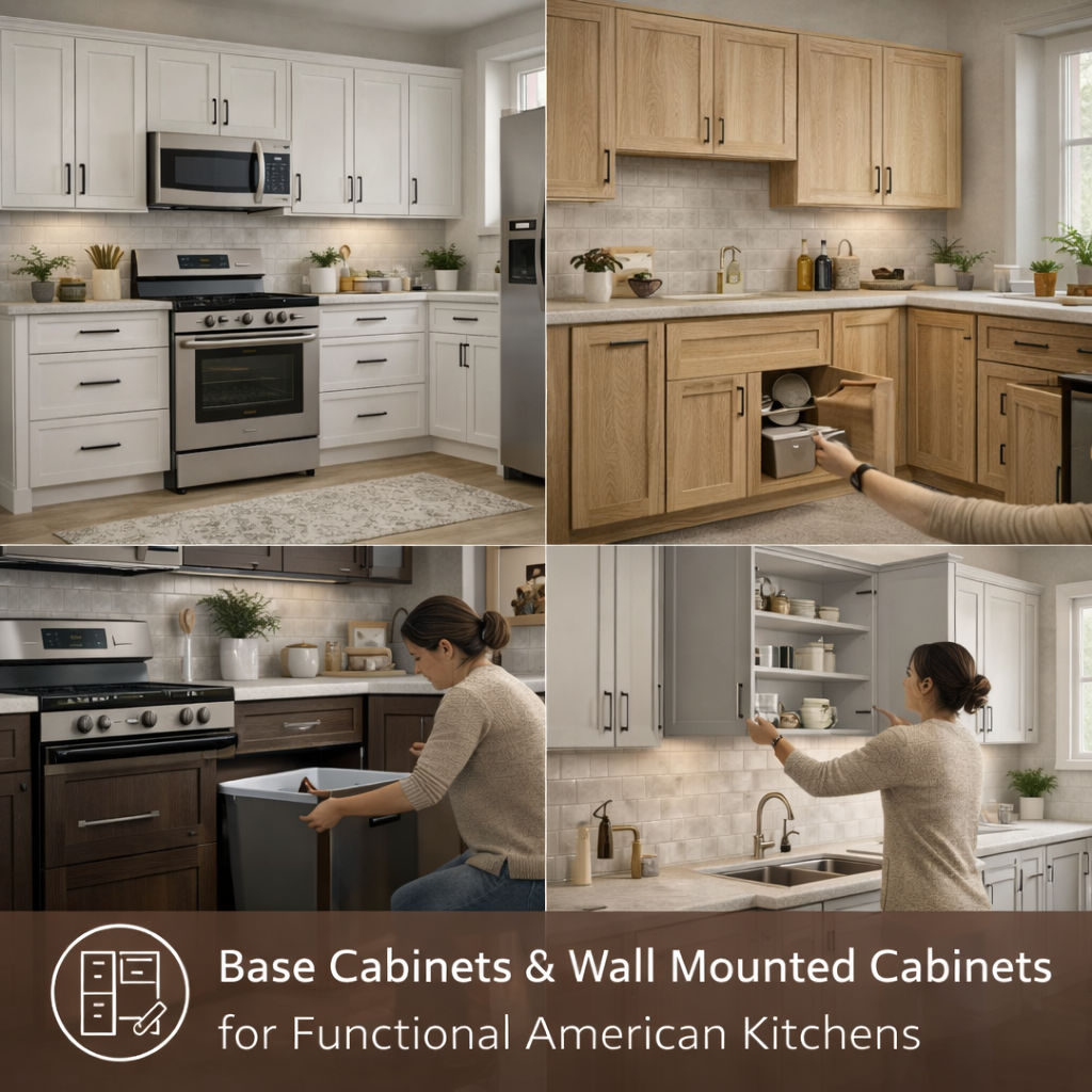 modern kitchen with base cabinets and wall mounted cabinets creating a complete storage layout in American home