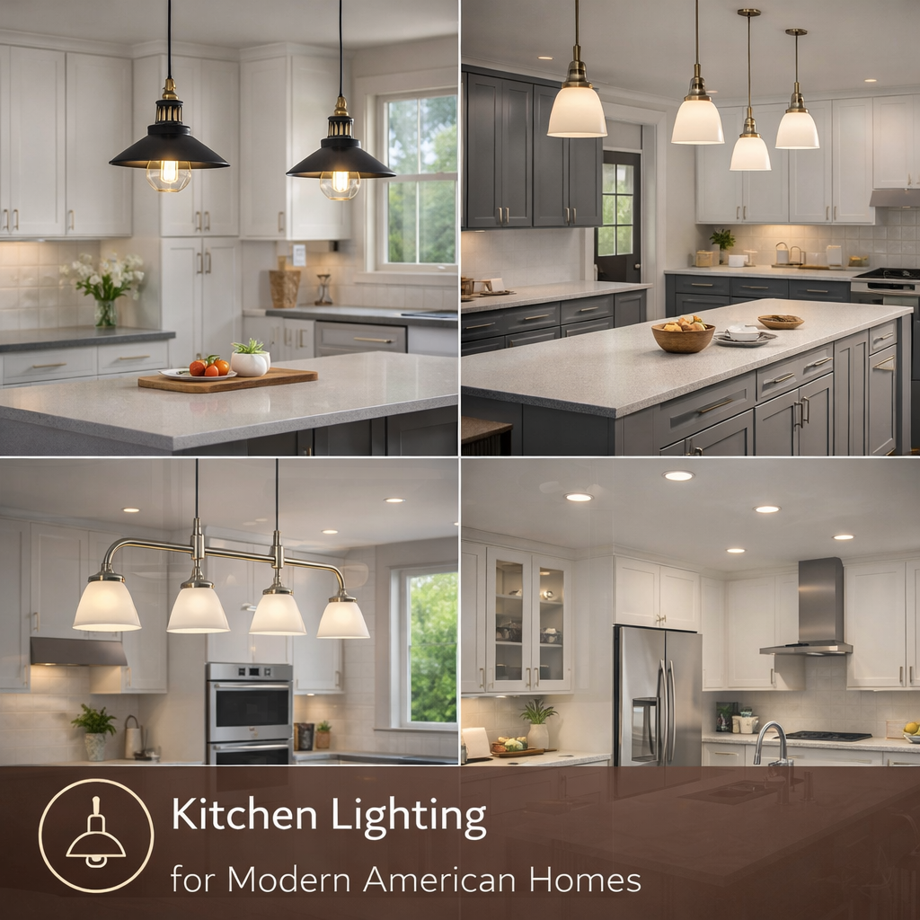 modern kitchen lighting with pendant lights and LED under cabinet lighting in American kitchen