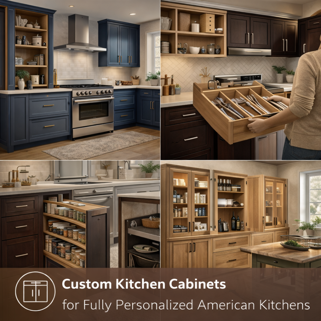 custom kitchen cabinets in modern American home with personalized layout and premium finishes