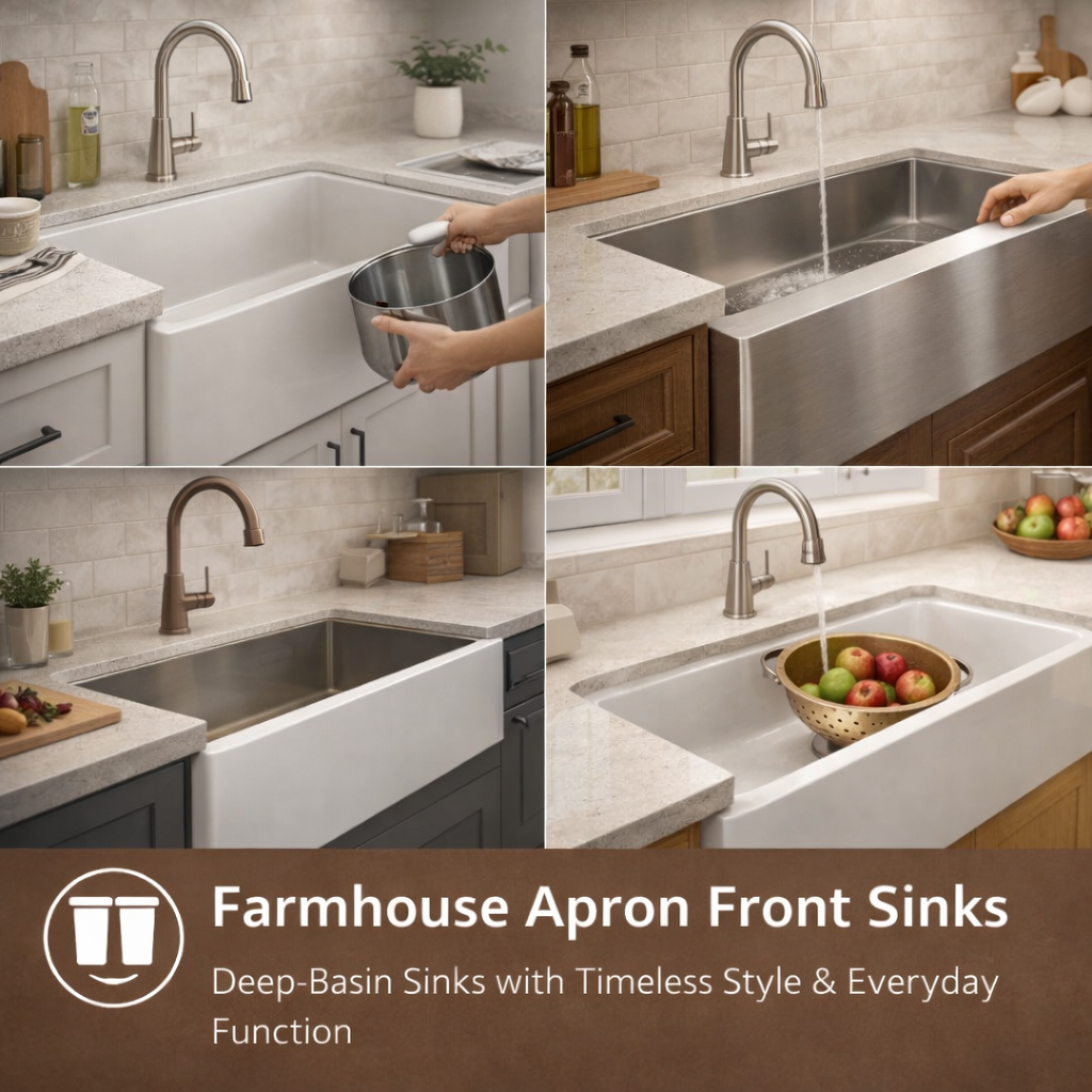 modern American kitchen with white farmhouse apron front sink and brushed metal faucet