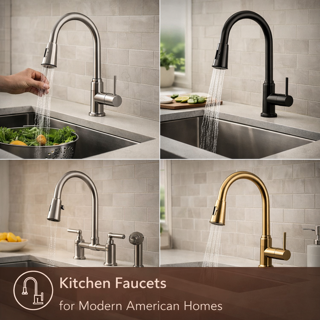 modern kitchen faucet with pull-down spray in stainless steel sink American kitchen