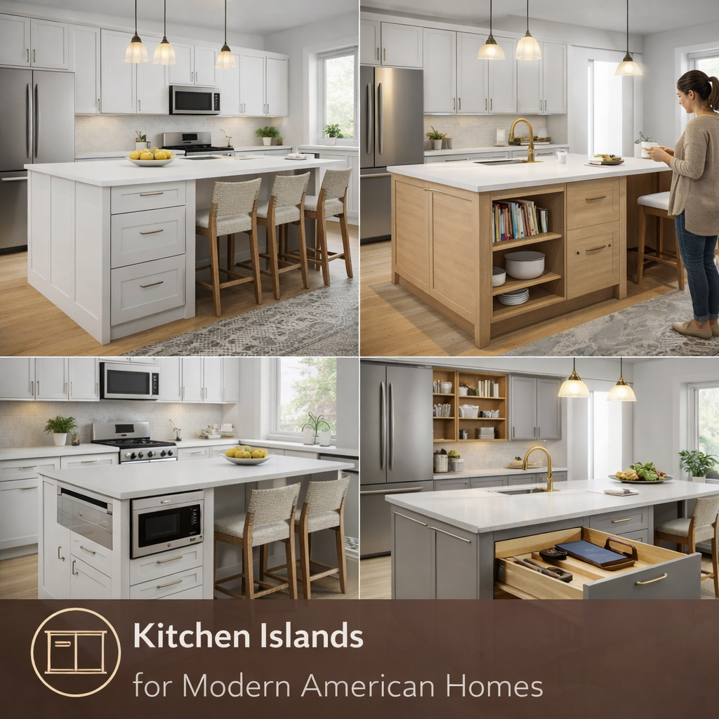 modern kitchen island with storage and seating in American home kitchen