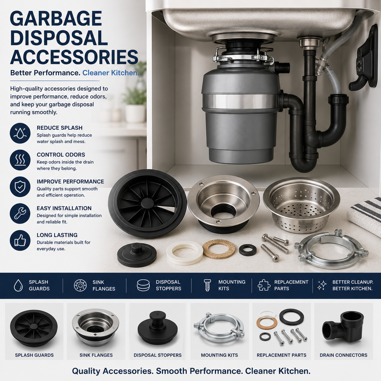 Garbage Disposal Accessories Including Splash Guards, Sink Flanges And Disposal Parts